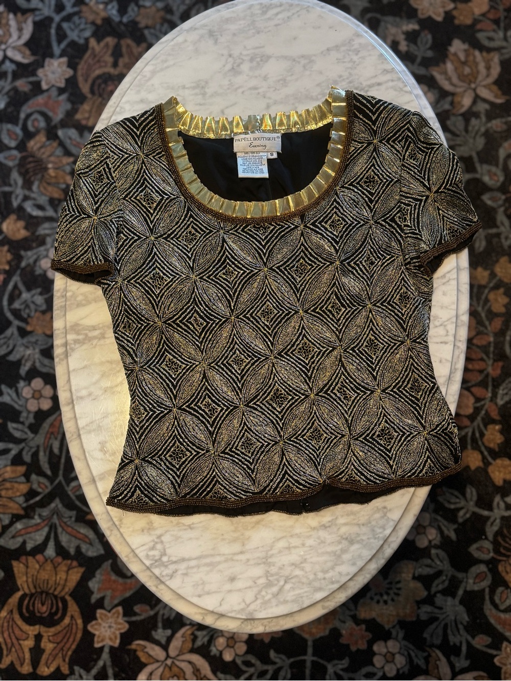 90s Vintage Papell Boutique Evening 100% Silk Black and Gold  Short Sleeve Top